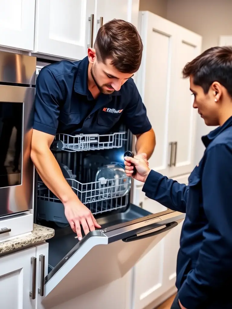 Technician inspecting a built-in dishwasher in a modern kitchen, ensuring dishes are cleaned efficiently and the appliance operates smoothly.