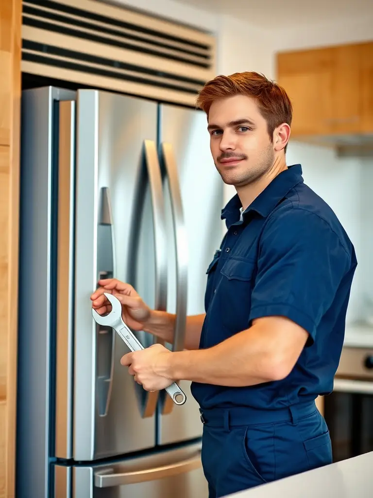 A professional technician repairing a modern refrigerator in a kitchen setting, ensuring food stays fresh and the appliance functions efficiently.