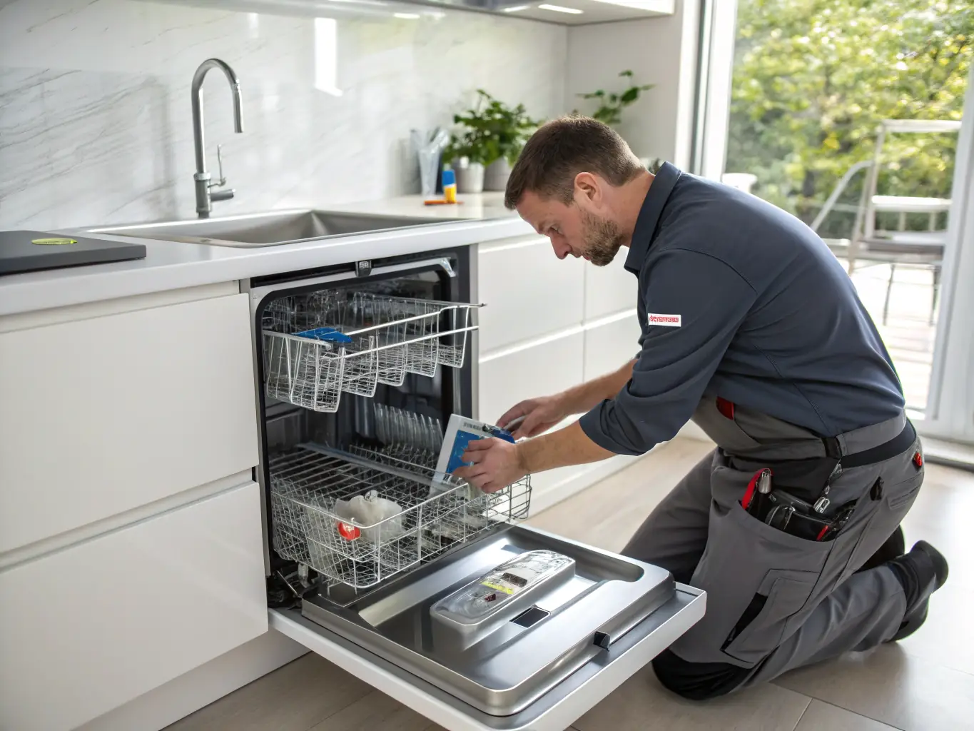 A close-up shot of a technician carefully inspecting the internal components of a dishwasher, highlighting the attention to detail and expertise in appliance repair.