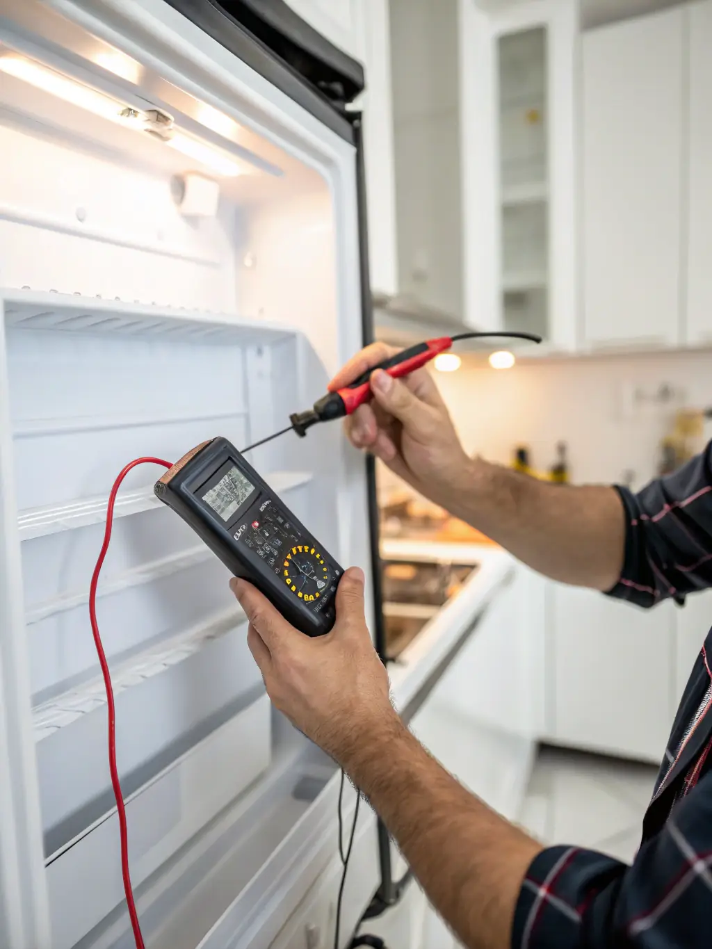 A close-up shot of a technician carefully diagnosing an appliance issue with professional tools, highlighting precision and expertise.
