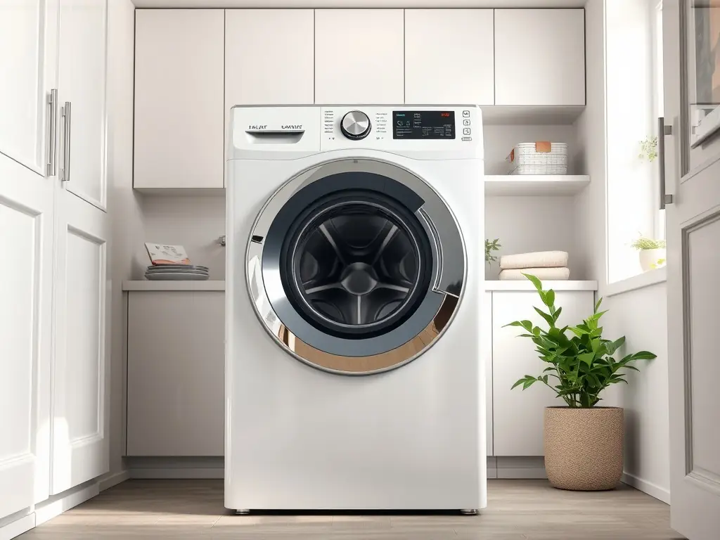 A front-load washing machine with clothes being loaded into it. The setting is a bright, modern laundry room, emphasizing convenience and efficiency.