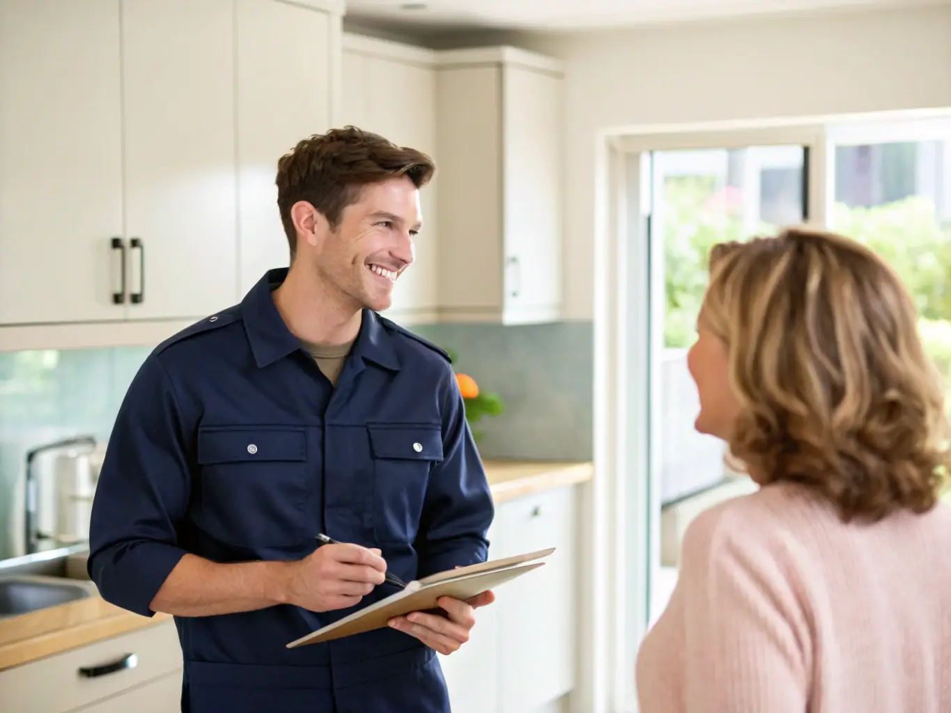 A friendly technician from Amazing Appliance Repair quickly diagnosing a refrigerator issue in a well-lit kitchen, showcasing their expertise and professionalism.