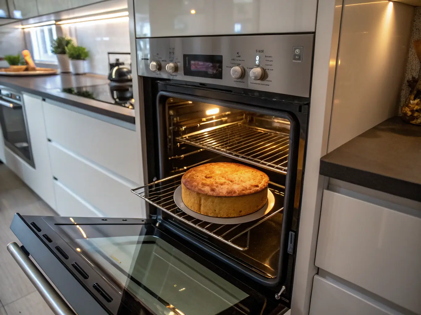 A clean, modern oven with the door open, showcasing the interior. A chef's hand is visible, placing a dish inside, highlighting the importance of a functioning oven.