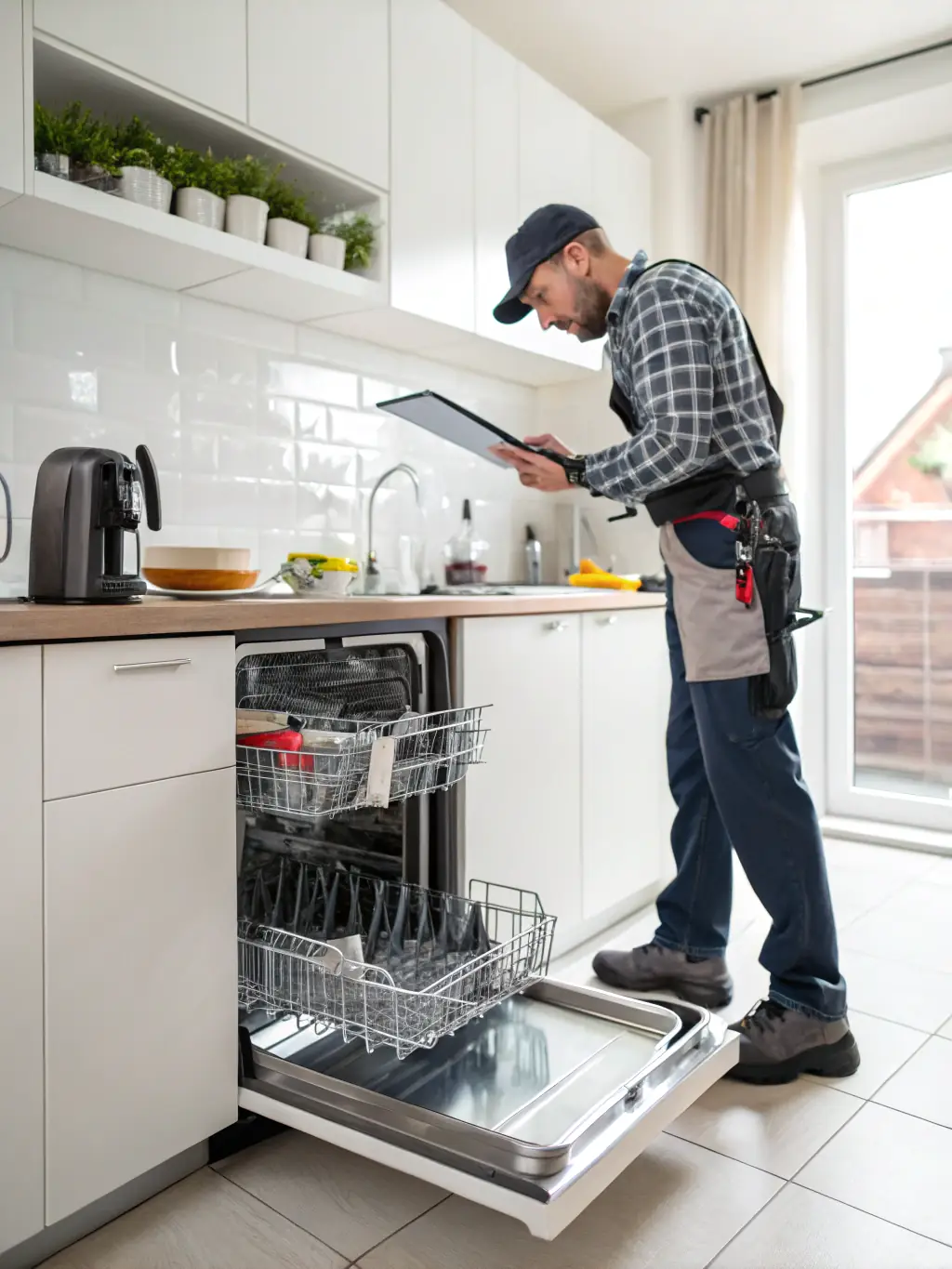 A technician inspecting the spray arms and interior of a dishwasher, emphasizing the importance of thorough diagnostics.