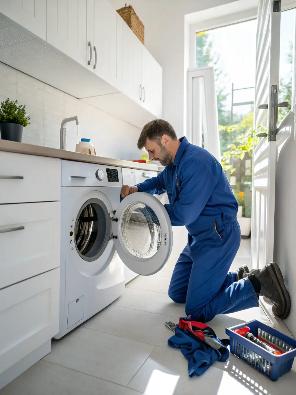 A technician working on the internal mechanisms of a washing machine, highlighting the complexity and skill involved in appliance repair.