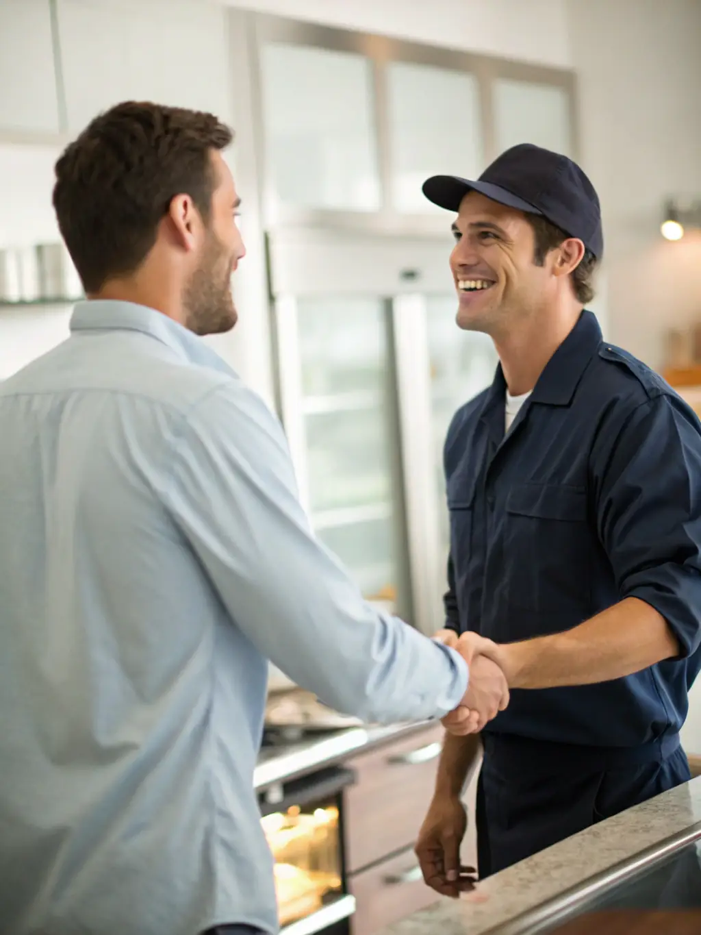 A satisfied customer shaking hands with an Amazing Appliance Repair technician in front of a commercial kitchen in Downtown San Francisco.