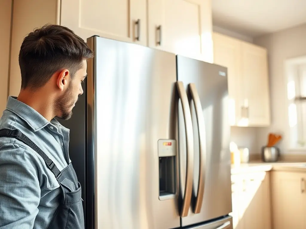 A friendly, uniformed Amazing Appliance Repair technician smiling and holding a wrench in front of a well-maintained refrigerator in a modern San Francisco kitchen.