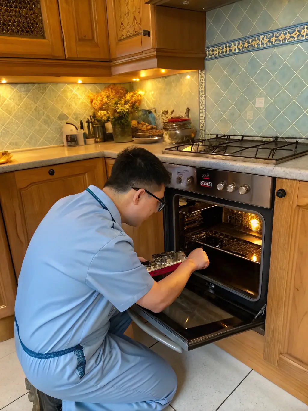 Technician repairing an electric oven in a home kitchen, restoring its functionality for confident cooking.