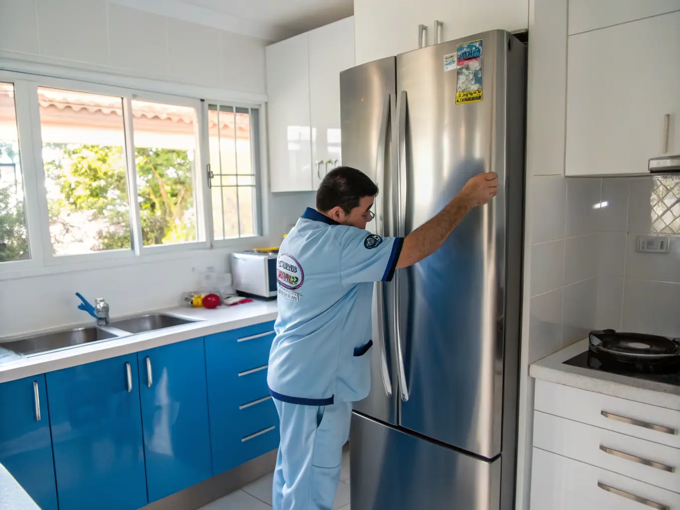 A modern stainless steel refrigerator in a well-lit kitchen, with a technician in uniform carefully examining the internal components.