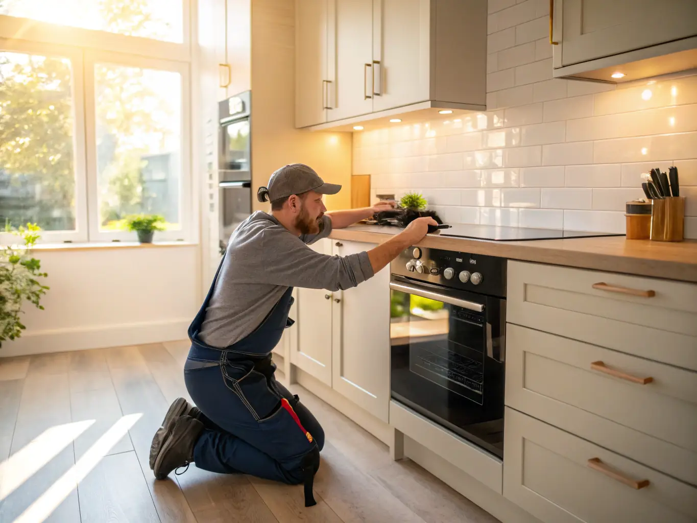 A professional-grade oven with the door open, showcasing the interior, with a technician adjusting settings.