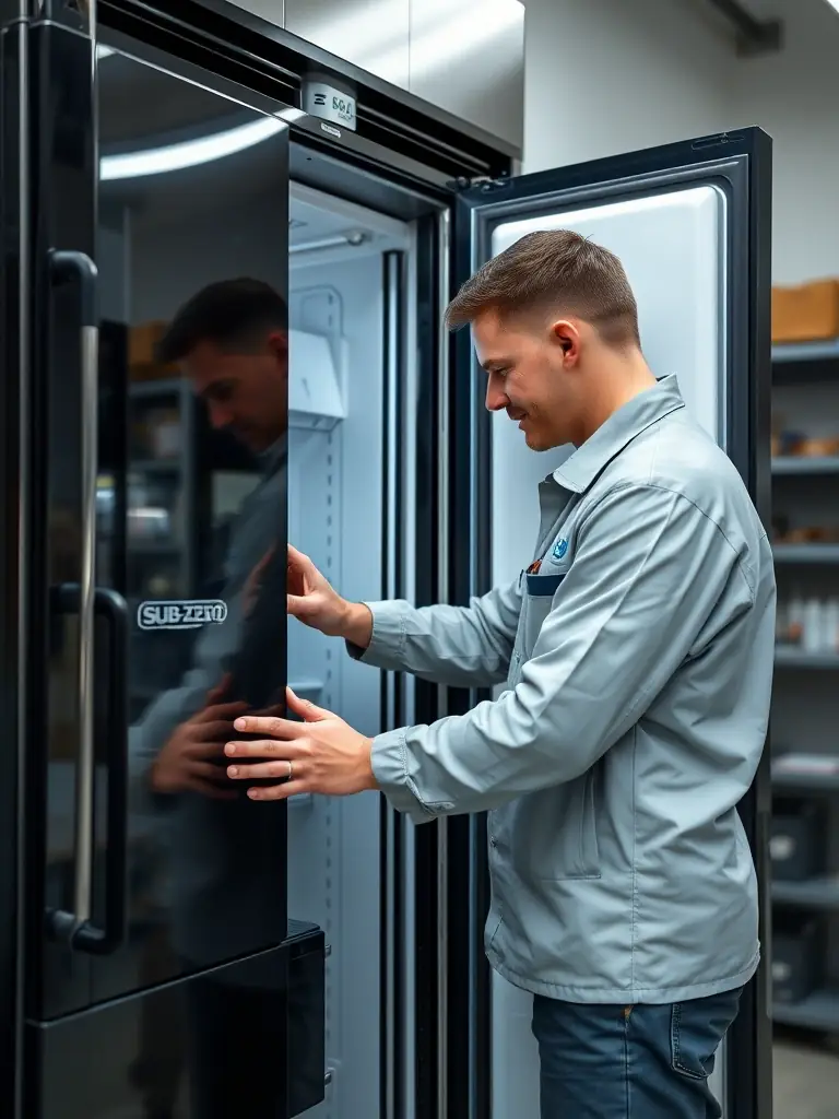 A technician quickly repairing a refrigerator in a modern Downtown San Francisco apartment, emphasizing speed and efficiency.