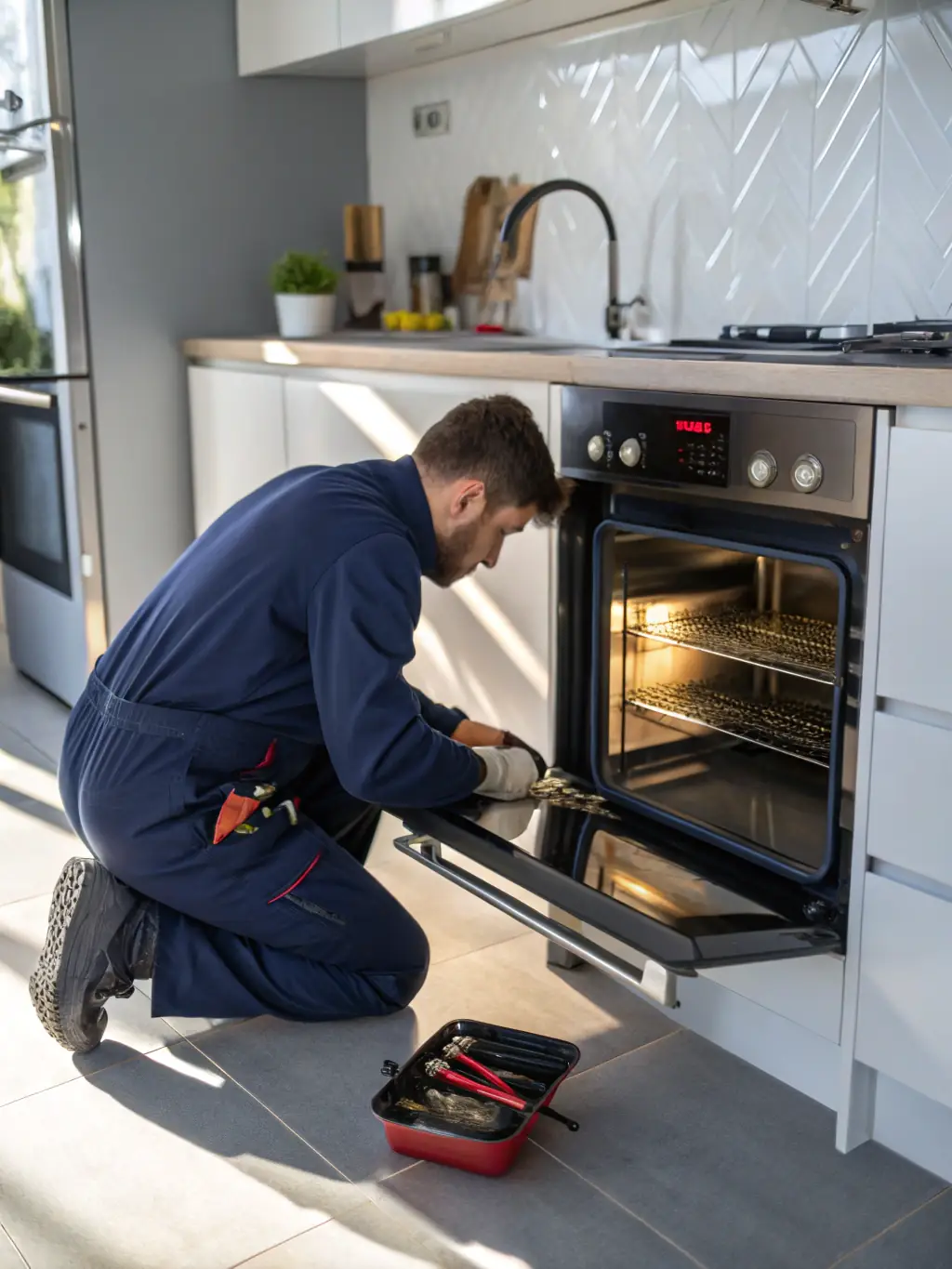 A technician carefully examining the heating element of an electric oven in a well-lit kitchen, showcasing the diagnostic process.