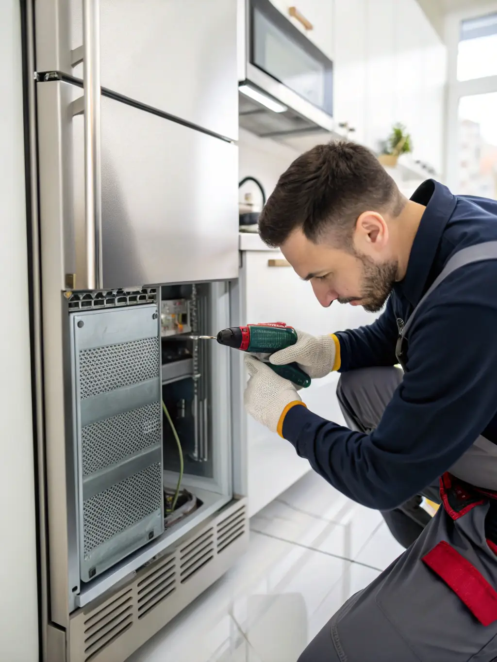 A close-up shot of a technician's hands expertly repairing the internal components of a refrigerator, with a focus on precision and attention to detail.