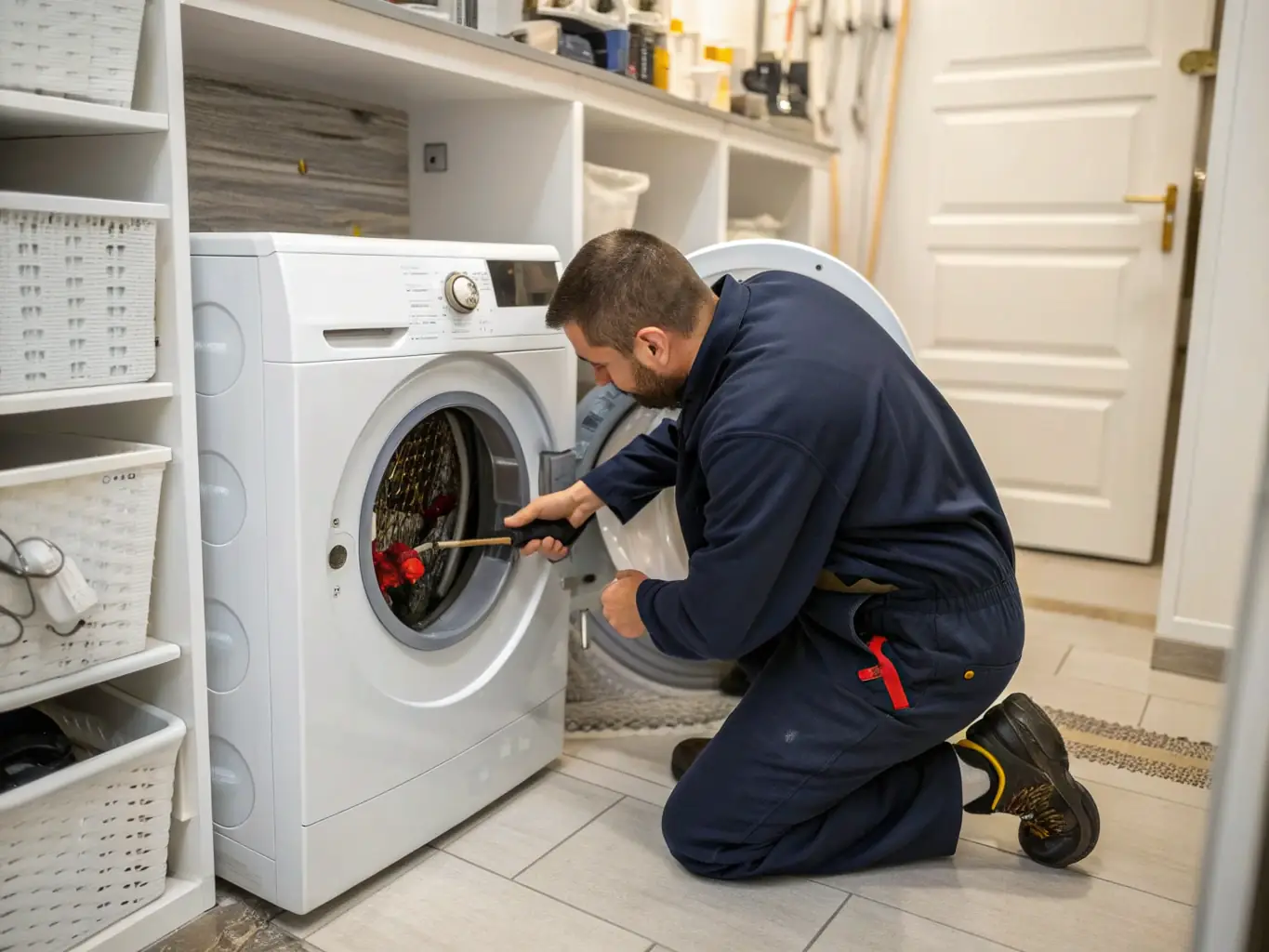 A modern washing machine and dryer set in a laundry room, with a technician inspecting the connections at the back.