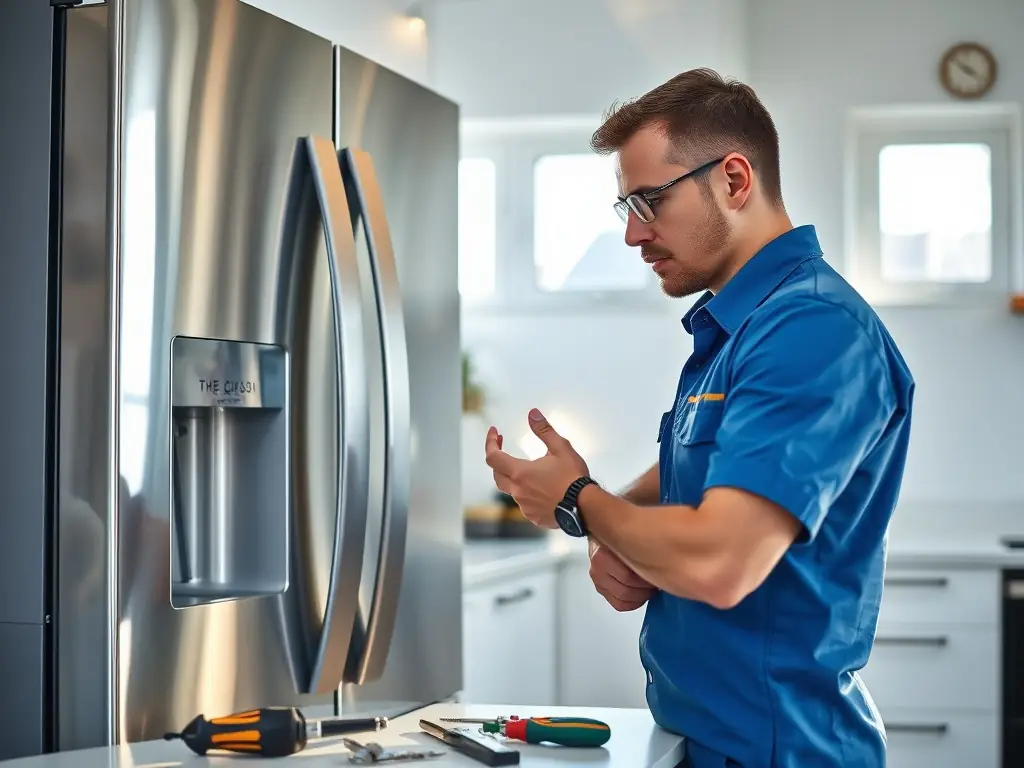A modern, stainless steel refrigerator in a well-lit kitchen, with a technician in uniform inspecting the back panel. The scene conveys professionalism and attention to detail.