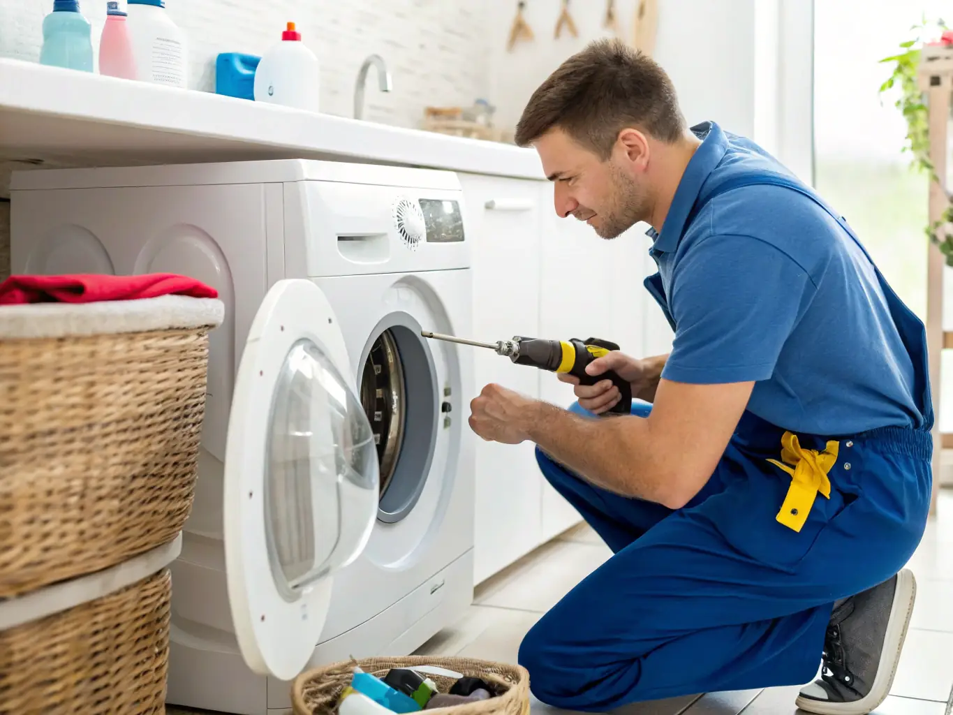 A customer smiling as an Amazing Appliance Repair technician completes a washer repair in their home, highlighting the positive customer experience and satisfaction.